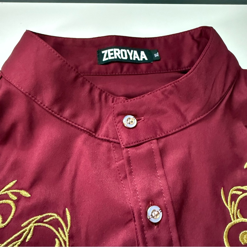 Burgundy Shirt Gold Embroidery Zeroyaa Mens XLarge XL red button down NWT NEW - Picture 8 of 14